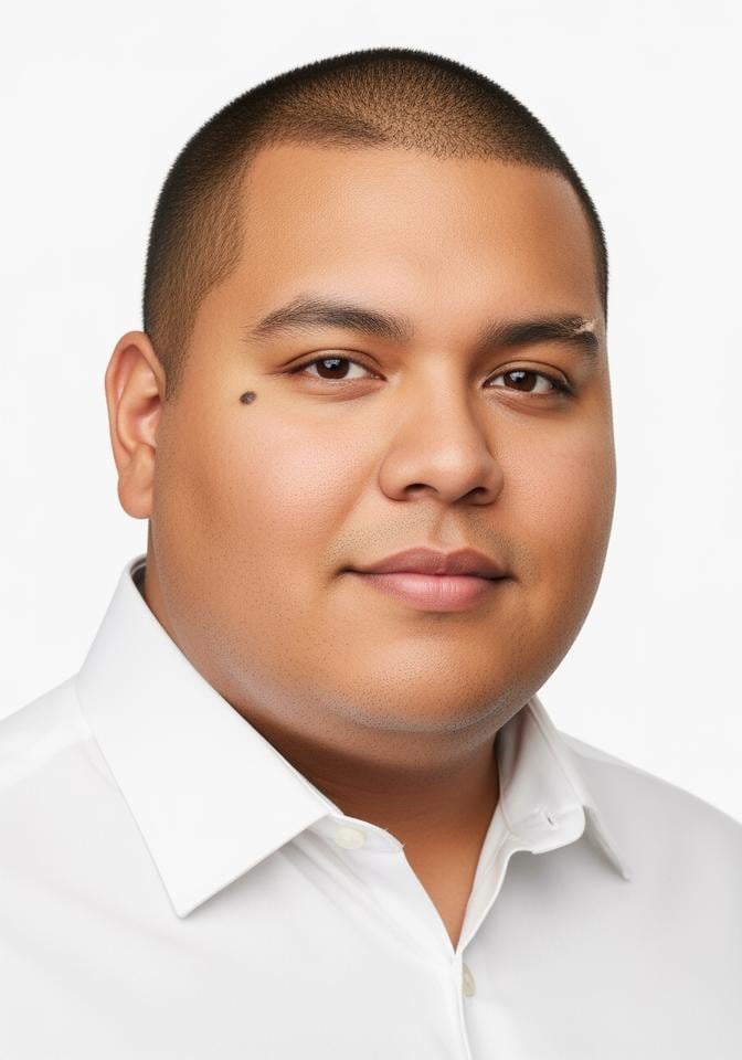 Carlos — AI fashion model: Plus-size, buzz cut, confident presence